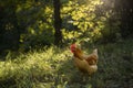 Sunlit rooster in pastoral setting