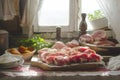 Sunlit rustic kitchen with raw meat cuts, tomatoes, herbs, set for a traditional culinary scene Royalty Free Stock Photo