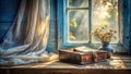 Sunlit rustic window sill with antique box and dried flowers. Generative AI Royalty Free Stock Photo