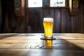 sunlit saison beer glass casting a shadow on a wooden table