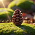 Sunlit scene featuring a pine cone atop a lush green mossy surface Royalty Free Stock Photo