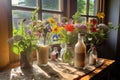 sunlit scene of homemade baileys and wildflowers