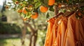 Sunlit scene of ripe oranges hanging from a tree with matching orange dresses on wooden hangers, blending fashion