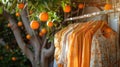 Sunlit scene of ripe oranges hanging from a tree with matching orange dresses on wooden hangers, blending fashion