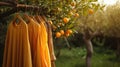 Sunlit scene of ripe oranges hanging from a tree with matching orange dresses on wooden hangers, blending fashion Royalty Free Stock Photo