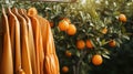 Sunlit scene of ripe oranges hanging from a tree with matching orange dresses on wooden hangers, blending fashion