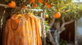 Sunlit scene of ripe oranges hanging from a tree with matching orange dresses on wooden hangers, blending fashion