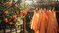 Sunlit scene of ripe oranges hanging from a tree with matching orange dresses on wooden hangers, blending fashion Royalty Free Stock Photo