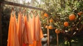 Sunlit scene of ripe oranges hanging from a tree with matching orange dresses on wooden hangers, blending fashion