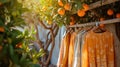 Sunlit scene of ripe oranges hanging from a tree with matching orange dresses on wooden hangers, blending fashion