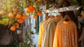 Sunlit scene of ripe oranges hanging from a tree with matching orange dresses on wooden hangers, blending fashion