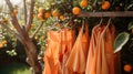 Sunlit scene of ripe oranges hanging from a tree with matching orange dresses on wooden hangers, blending fashion Royalty Free Stock Photo