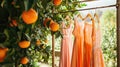 Sunlit scene of ripe oranges hanging from a tree with matching orange dresses on wooden hangers, blending fashion Royalty Free Stock Photo