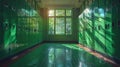Sunlit school corridor with green lockers Royalty Free Stock Photo