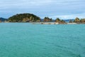 Sunlit seascape view with cloudy sky background, Bay of islands