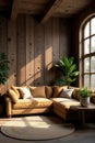 Sunlit sectional sofa in rustic wood room with plants and round rug. Generative AI Royalty Free Stock Photo