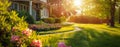 Sunlit Serenity: Idyllic Home Garden at Dawn. Generative ai