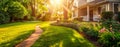Sunlit Serenity: Idyllic Home Garden at Dawn. Generative ai