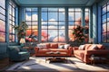 Sunlit Serenity: Living Room with Several Windows in the Style of Cyril. Generative AI