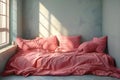 Sunlit Serenity: Minimalist Bedroom with Pink Accents. Concept Minimalist Decor, Pink Accents,