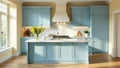 Sunlit serenity a modern kitchen design with pale blue cabinets and a marble countertops. Generative AI Royalty Free Stock Photo