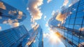 Sunlit skyscrapers, reflective business office towers with sun rays illuminating modern buildings