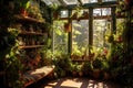 Sunlit Space Filled With Lush Plants. Generative AI