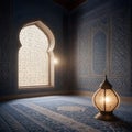 Sunlit Spiritual Room: Islamic Architecture with Arched Windows and Detailed Artistry