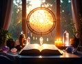 Sunlit Still Life with Dreamcatcher Crystals Candles and Open Book by the Window Royalty Free Stock Photo
