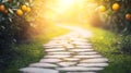 Sunlit Stone Path Winds Through Lush Orange Grove, Bountiful Harvest, Idyllic Setting Royalty Free Stock Photo