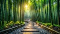 Sunlit stone steps winding through a lush bamboo grove, offering a serene and tranquil path. Generative AI Royalty Free Stock Photo