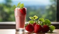 Sunlit strawberry milkshake in clear glass on pristine white kitchen counter, a perfect summer treat