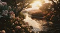 Dreamy Bloom Scenery: Photorealistic Rendering Of A Stream At Sunset