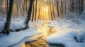 A sunlit stream flows through a snow-covered forest in winter Royalty Free Stock Photo
