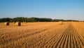 Sunlit stubble with straw bales in rural landscape Royalty Free Stock Photo