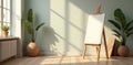 Sunlit studio interior with blank canvas on easel and potted plants. Generative AI Royalty Free Stock Photo