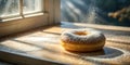 A sunlit sugared doughnut on a wooden surface with powdered sugar falling onto it. Generative AI Royalty Free Stock Photo