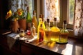 sunlit table with homemade limoncello in elegant bottles