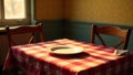 Sunlit table setting a rustic checkered tablecloth, empty plate, and wooden chairs await. Generative AI Royalty Free Stock Photo