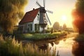 sunlit traditional dutch windmill near a canal