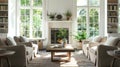 Sunlit Traditional Living Room with Fireplace and Built-in Bookshelves