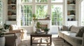 Sunlit Traditional Living Room with Fireplace and Built-in Bookshelves