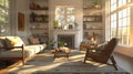Sunlit Traditional Living Room with Fireplace and Built-in Bookshelves