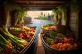 sunlit traditional wooden boats filled with fruits and vegetables