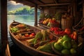 sunlit traditional wooden boats filled with fruits and vegetables