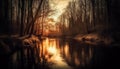 Sunlit tree reflects in tranquil autumn pond generated by AI