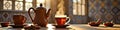 Sunlit turkish tea set with steam rising in warm, cozy atmosphere Royalty Free Stock Photo
