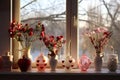 Sunlit Valentines Row on Windowsill Creating Fresh and Tender Atmosphere Royalty Free Stock Photo