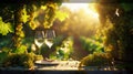 Sunlit vineyard ambiance with grapevines, wine glasses, and grapes on white table Royalty Free Stock Photo