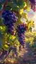Sunlit vineyard with ripe grape clusters, embodying the essence of summer in realistic image Royalty Free Stock Photo